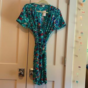 J. Crew Floral Printed Teal Blue V-Neck Flutter Sleeve Mini Wrap Dress NWT Sz 10